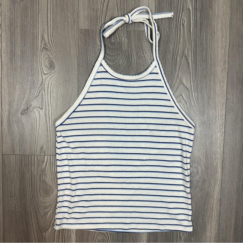 American Eagle Blue White Striped Halter Top Scalloped Trim Tie Back‎ Size M
